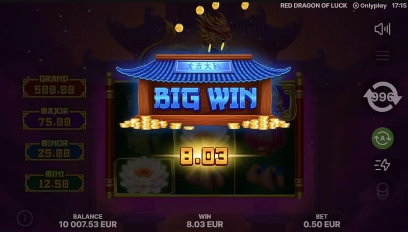 Red Dragon of Luck - glavni ekran sa mrežom 3x3 i crvenim zmajem